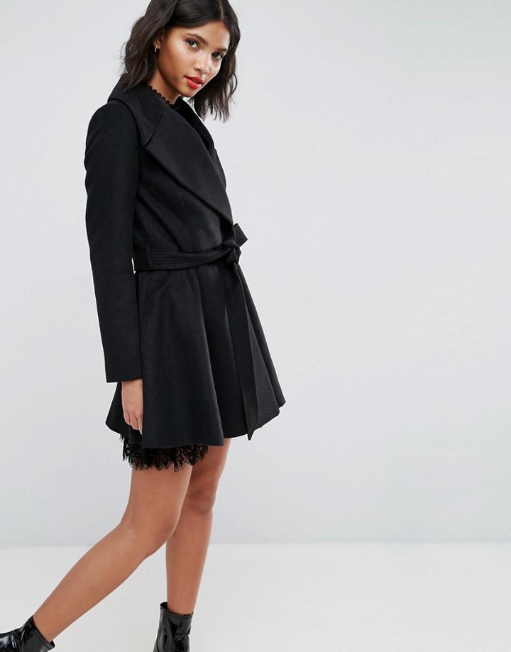 Asos Skater Coat With Self Belt And Oversized Collar - Black