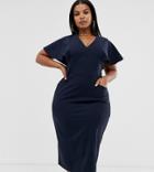 Asos Design Curve Angel Sleeve Midi Pencil Dress-navy