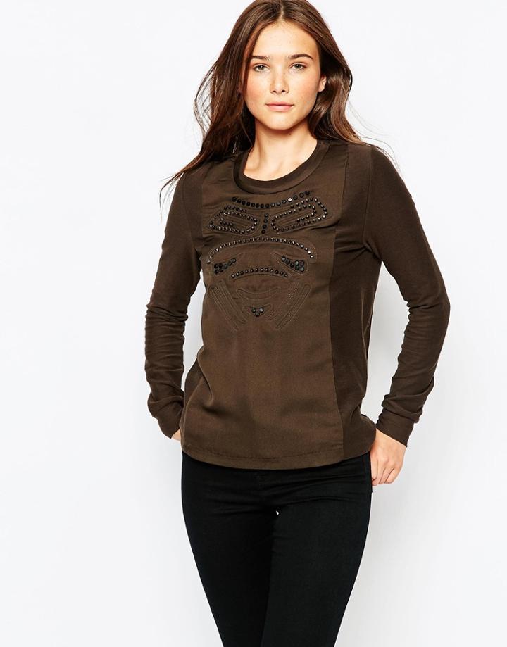 See U Soon Long Sleeve Top With Front Placket Detail - Khaki