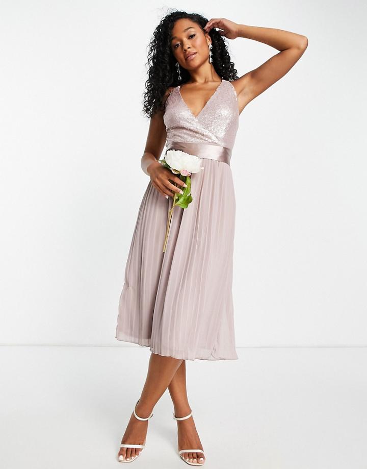 Little Mistress Bridesmaid Sequin Pleated Midi Dress In Mink-grey