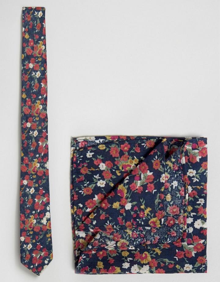 Asos Floral Tie And Pocket Square Pack - Blue