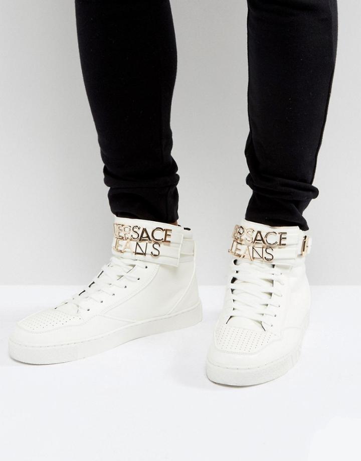 Versace Jeans High-top Sneaker With Metal Logo - White
