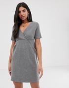 Asos Design Deep V Brushed Mini Dress With Concealed Pockets - Gray