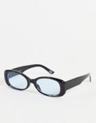 Asos Design Oval Sunglasses In Black With Blue Lens
