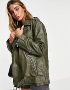 Asos Design Leather Jacket In Khaki-green