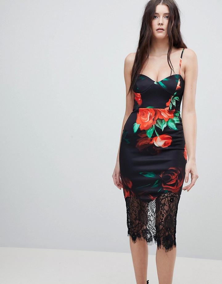 Asos Rose Print Lace Hem Cami Midi Bodycon Dress - Multi