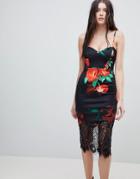Asos Rose Print Lace Hem Cami Midi Bodycon Dress - Multi