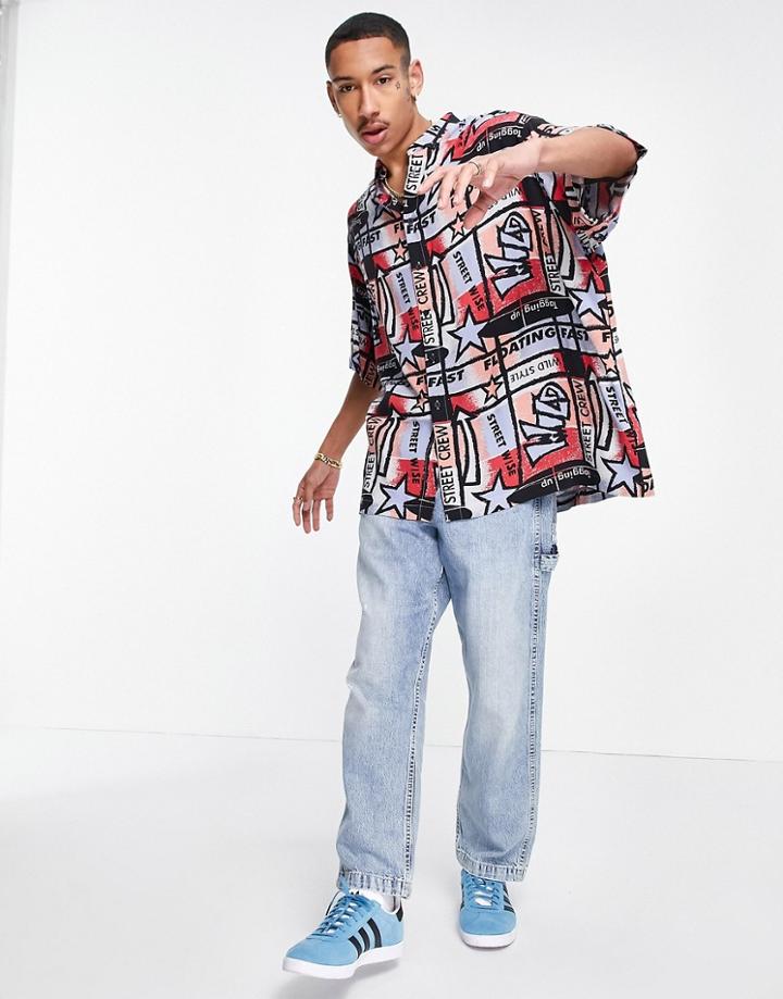 Asos Design Relaxed Button Down Shirt In Retro 90s Print-blues