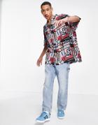 Asos Design Relaxed Button Down Shirt In Retro 90s Print-blues