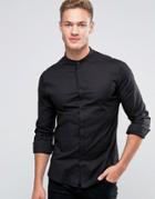 Asos Skinny Shirt In Black With Grandad Collar And Gunmetal Popper - B