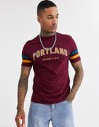 Asos Design T-shirt With Sleeve Stripe And City Print In Burgundy-purple