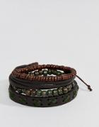 Asos Design Leather And Beaded Bracelet Pack In Brown And Khaki - Brown