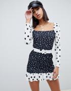 Asos Design Mini Dress With Self Belt In Contrast Spot - Multi