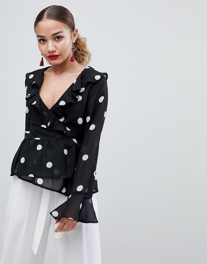 Boohoo Polka Dot Chiffon Blouse - Black