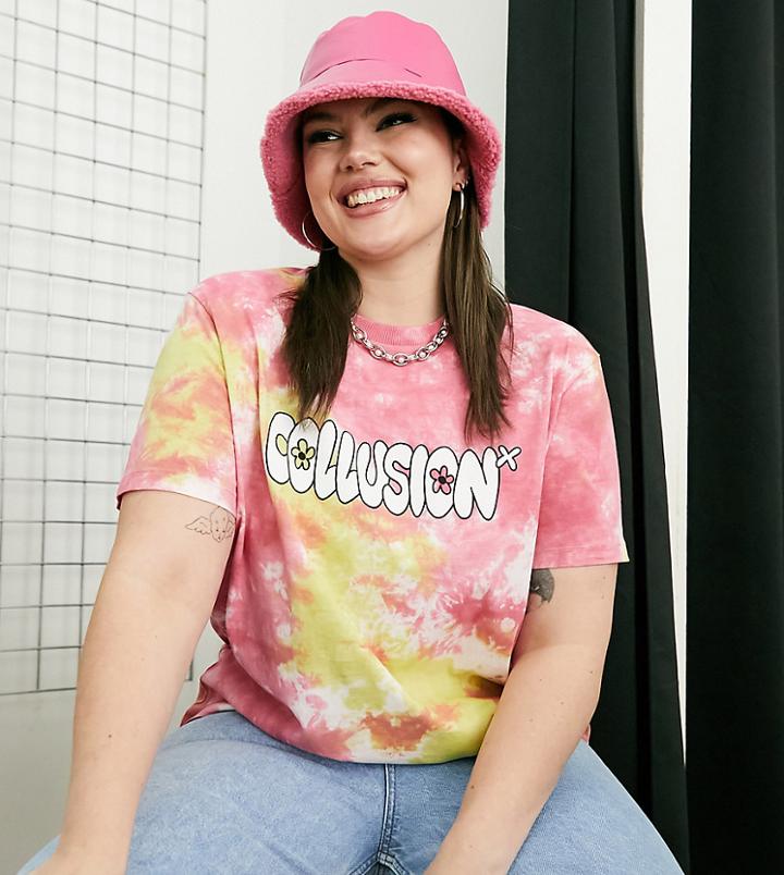 Collusion Plus Tie Dye Branded Print Boxy T-shirt In Multi