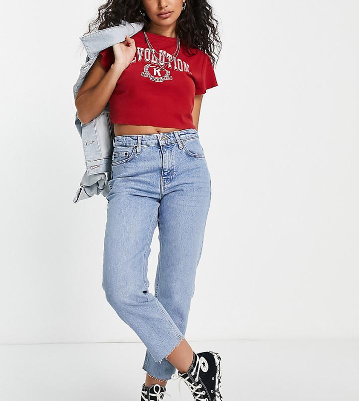 Topshop Petite Cotton Bleached Raw Hem Straight Jeans - Lblue-blues