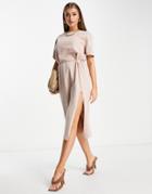 Na-kd Front Slit T-shirt Dress In Beige-neutral