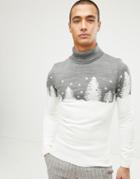 Boohooman Christmas Roll Neck Sweater In Snow Scene - White