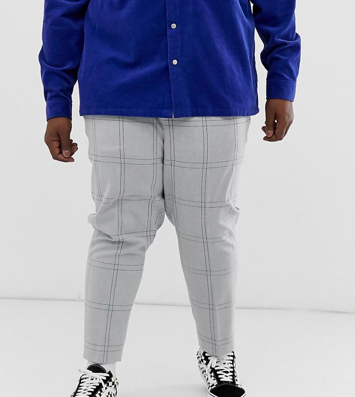Asos Design Plus Tapered Crop Smart Pants In Oversized Minimal Check With Elasticated Waist In Gray - Gray