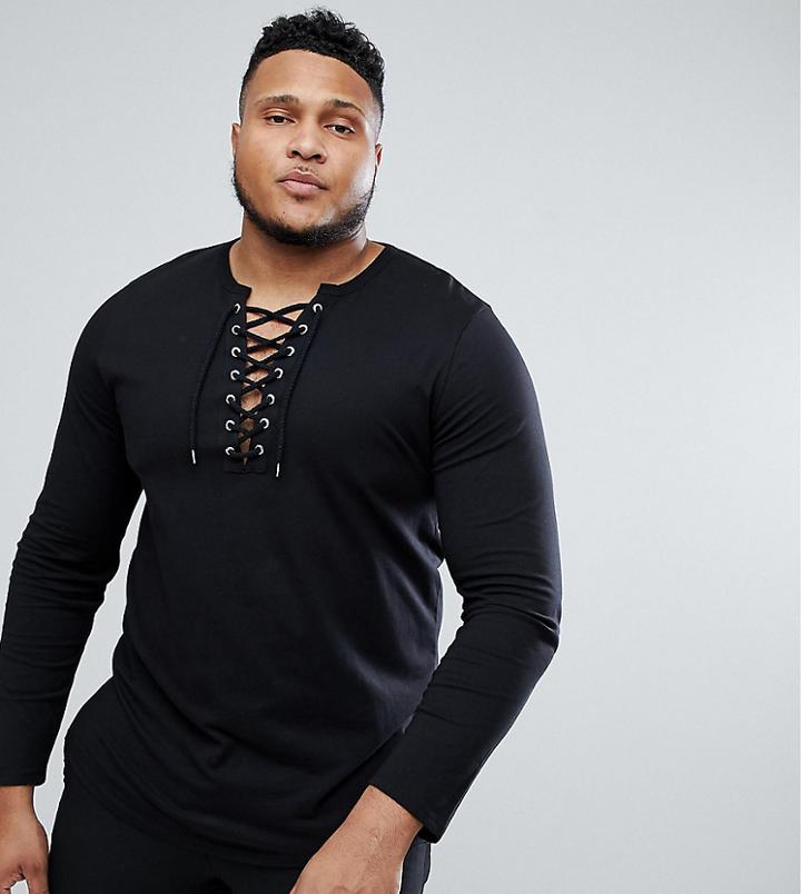 Asos Plus Longline Long Sleeve T-shirt With Curved Hem And Deep Contrast Lace Up V Neck - Black