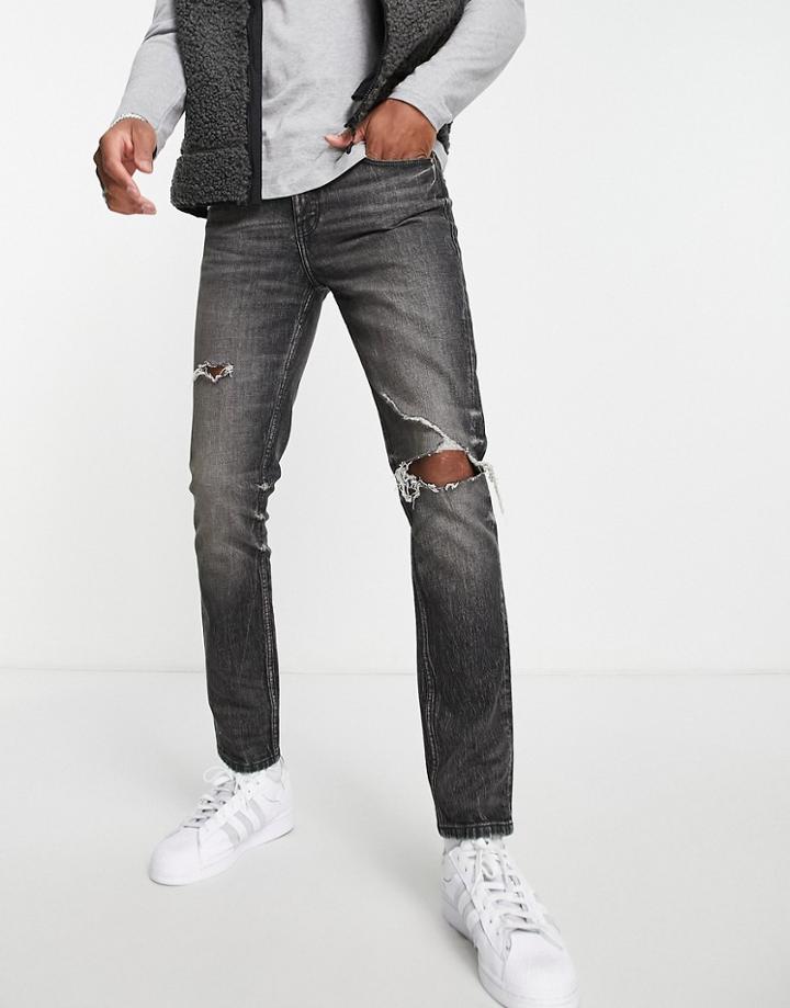 Asos Design Cone Mill Denim Skinny Fit 'american Classic' Jeans In Washed Black With Knee Rip