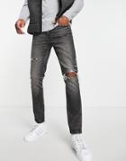 Asos Design Cone Mill Denim Skinny Fit 'american Classic' Jeans In Washed Black With Knee Rip