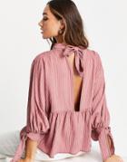 Asos Design High Neck Peplum Top In Brick Stripe-pink