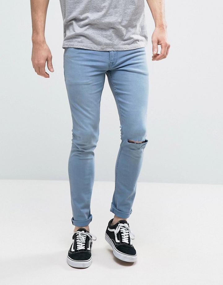 Asos Super Skinny Jeans In Light Blue With Single Knee Rip - Blue
