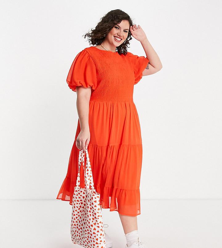 Simply Be Shirred Midi Dress In Red