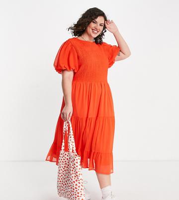 Simply Be Shirred Midi Dress In Red