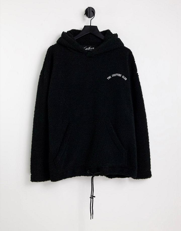 The Couture Club Sherpa Hoodie In Black With Gothic Logo Applique