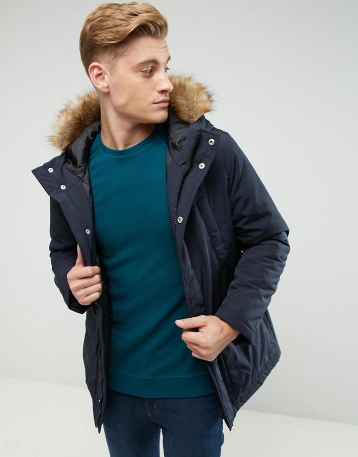 Esprit Parka With Faux Fur Fleece Lined Hood - Navy