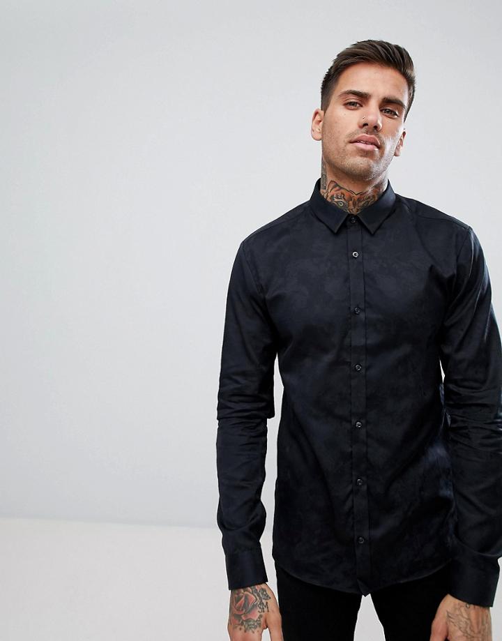 Hugo Extra Slim Fit Tonal Camo Evening Shirt In Black - Black