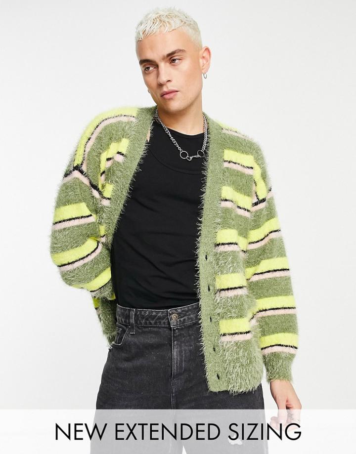 Collusion Color Block Striped Shaggy Cardigan-multi
