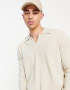 Asos Design Knit Cotton Notch Neck Polo In Beige-neutral