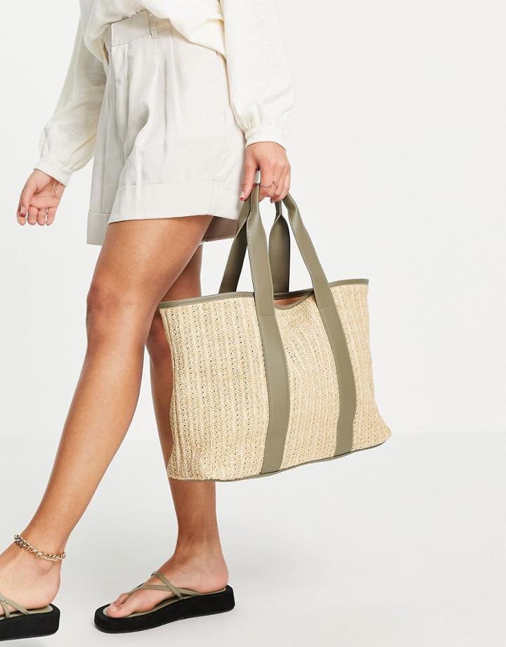 French Connection Woven Beach Tote Bag In Natural And Sage Green-multi