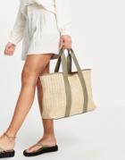 French Connection Woven Beach Tote Bag In Natural And Sage Green-multi