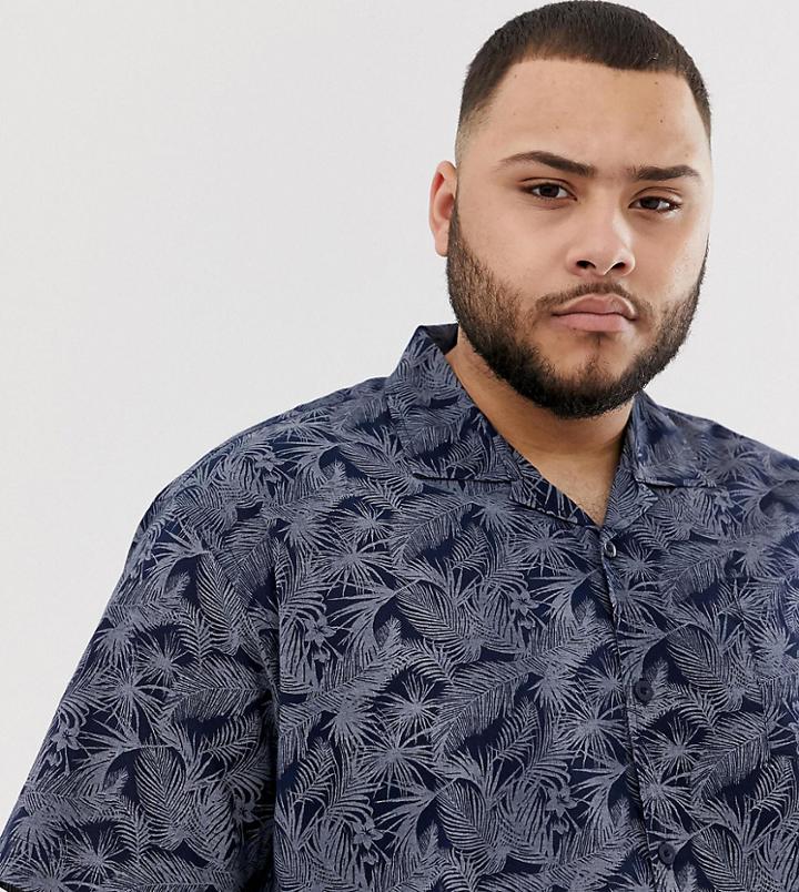 Duke King Size Revere Collar Shirt In Navy Palm Print