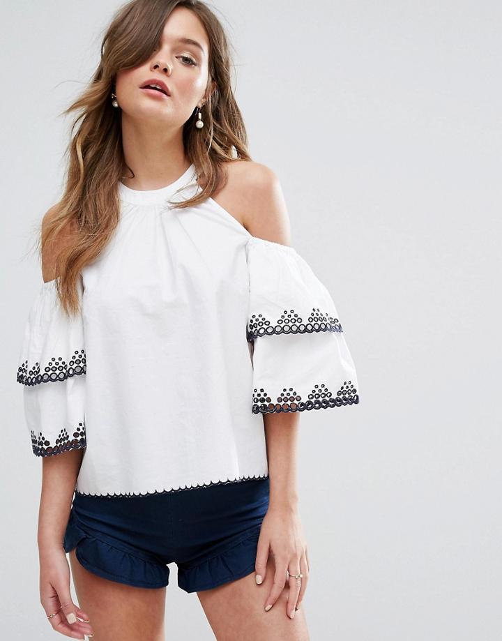 Miss Selfridge Broderie Detail Cold Shoulder Top - White