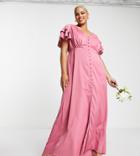 Little Mistress Plus Bridesmaid Satin Maxi Dress With Flutter Sleeves In Dark Pink