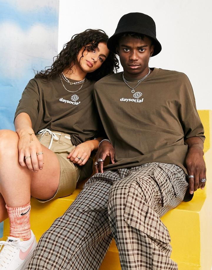 Asos Daysocial Unisex Oversized T-shirt With Chest Print In Chocolate Brown