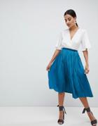Missguided Satin Pleated Midi Skirt - Blue