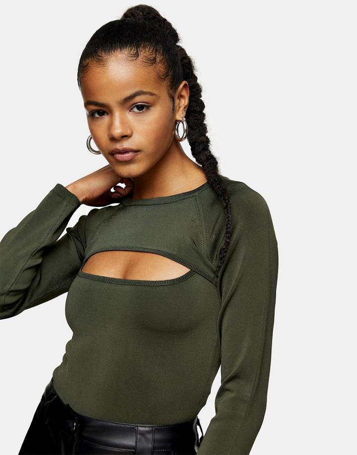 Topshop Spliced Crop Top In Khaki-green