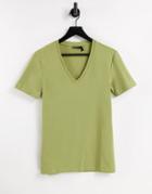 Asos Design Muscle Fit T-shirt With Deep V Neck In Khaki-green