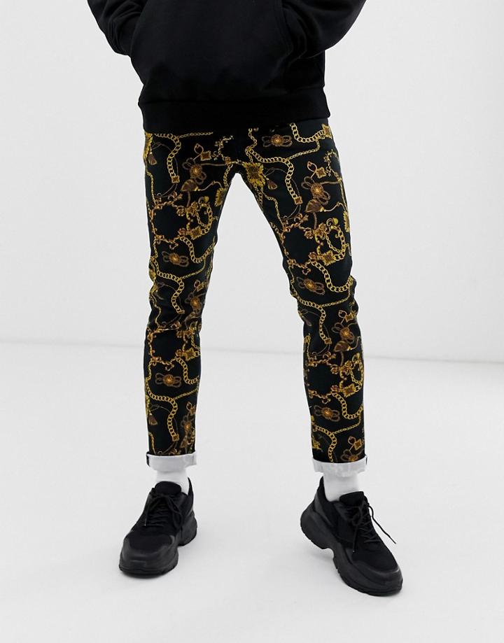 Asos Design Skinny Chain Print Jeans In Black - Black