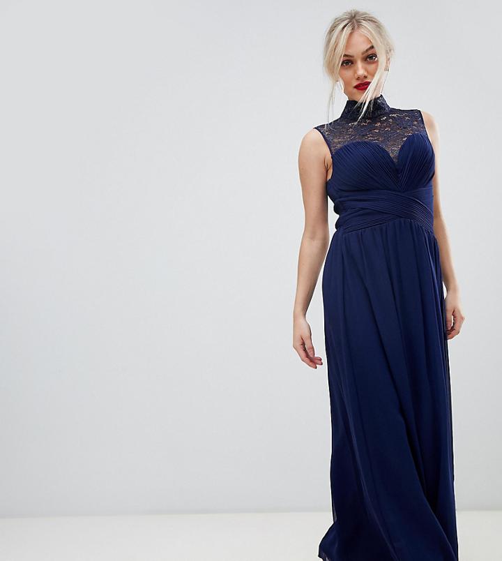 Little Mistress Petite Foiled Lace Yoke High Neck Maxi Dress-navy