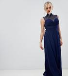 Little Mistress Petite Foiled Lace Yoke High Neck Maxi Dress-navy