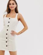 Asos Design Denim Mini Dress With Buttons - Beige