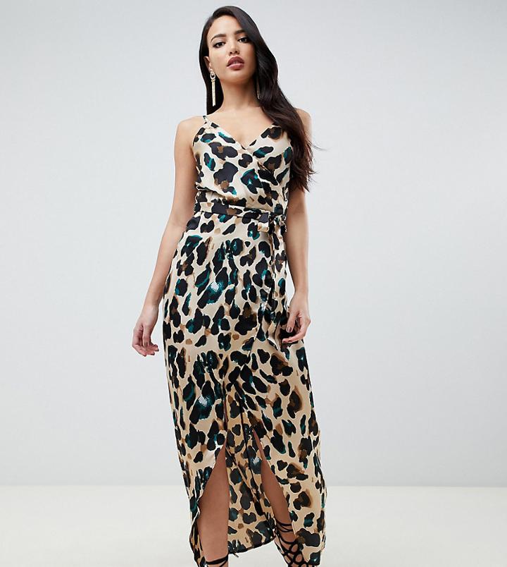 John Zack Tall Wrap Front Midi Dress In Green Leopard-multi