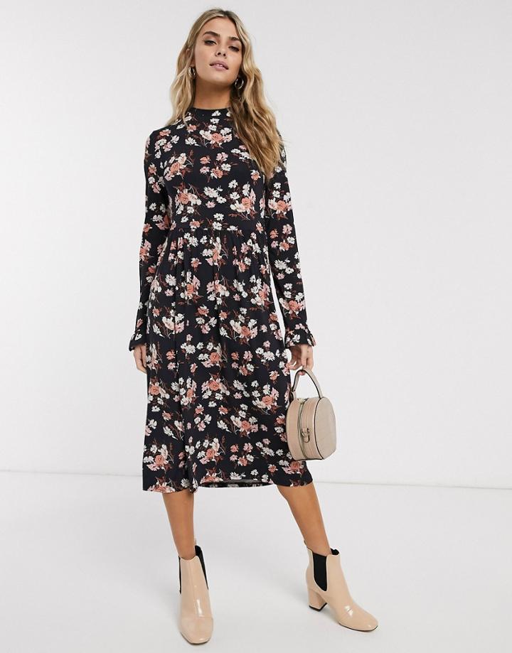 Miss Selfridge Midi Swing Dress In Floral Print-black